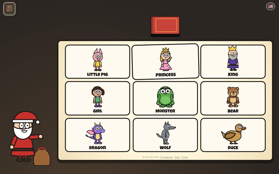 The heroes to choose from: a princess, a king, a dragon, a bear, a wolf, a duck and more.